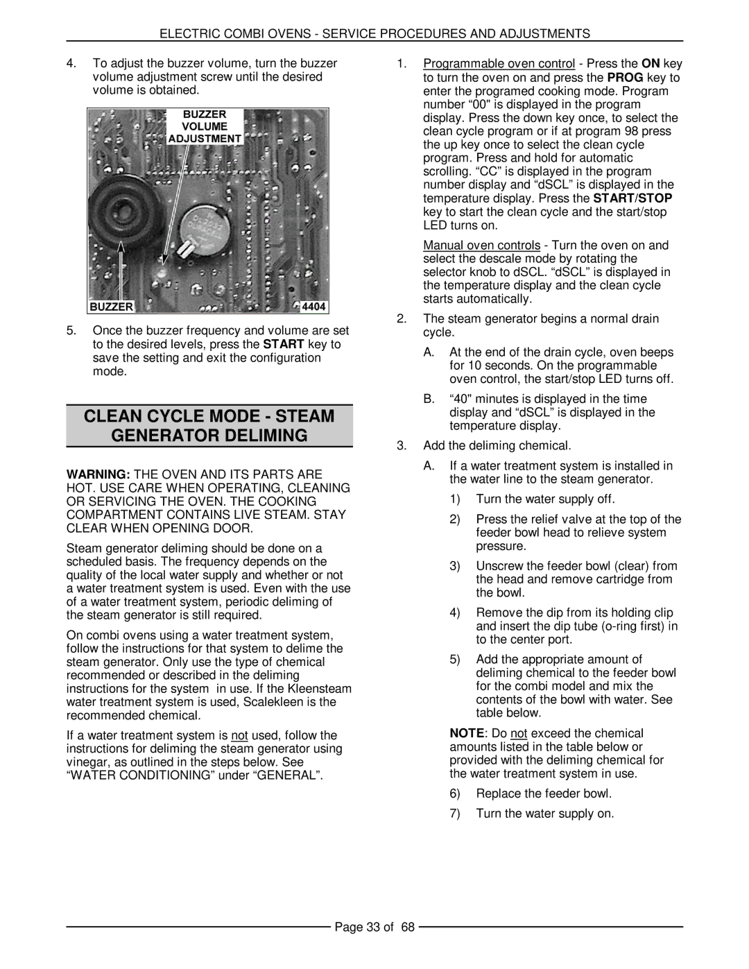 Vulcan-Hart VCE20F 126173, VCE20H 126172, VCE10H 126178, VCE6H 126177 service manual Clean Cycle Mode Steam Generator Deliming 