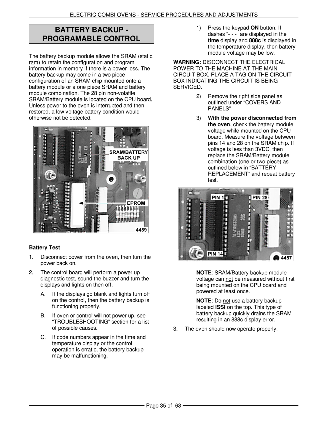 Vulcan-Hart VCE20H 126172, VCE10H 126178, VCE6H 126177, VCE20F 126173 Battery Backup Programable Control, Battery Test 