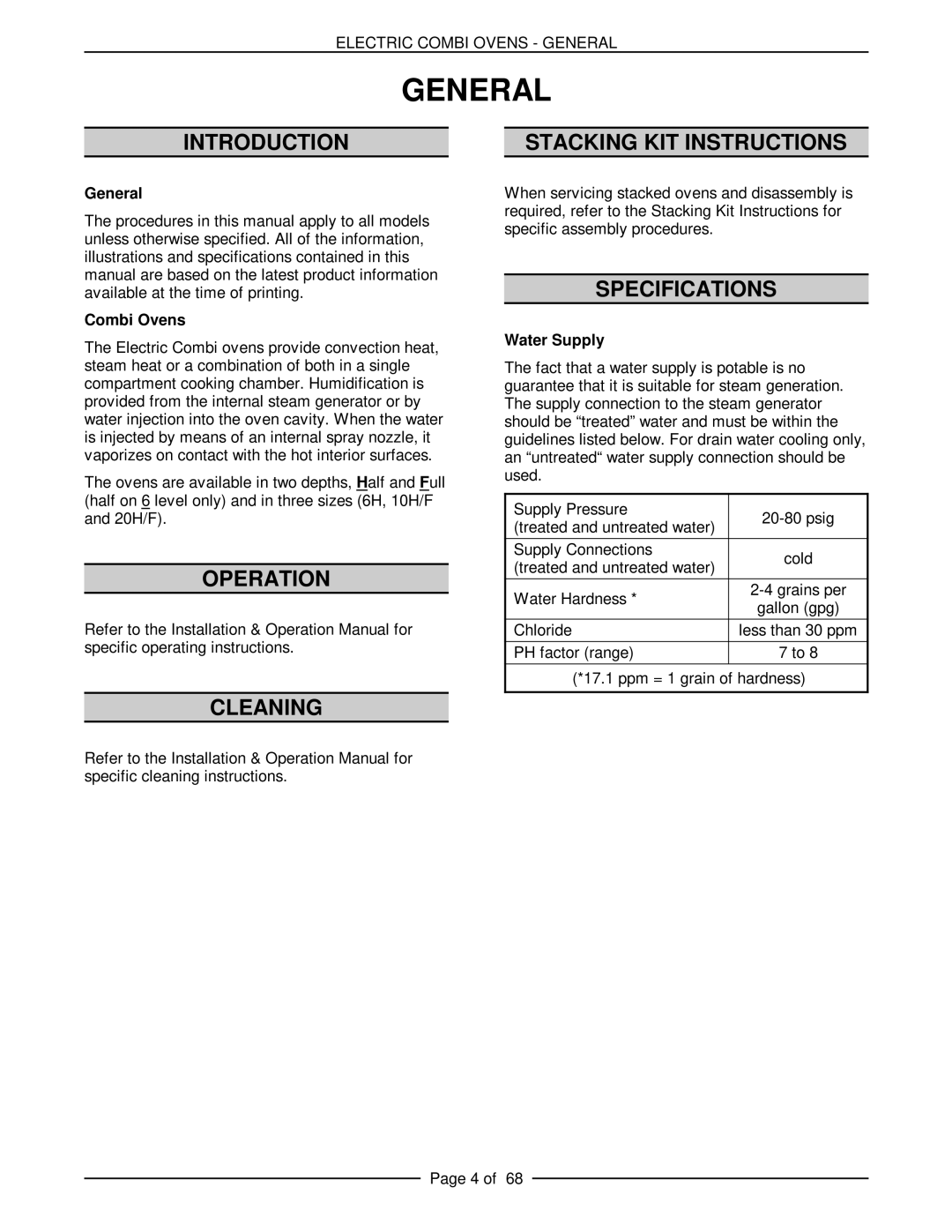 Vulcan-Hart VCE10F 126179, VCE20H 126172 Introduction, Operation Cleaning Stacking KIT Instructions, Specifications 