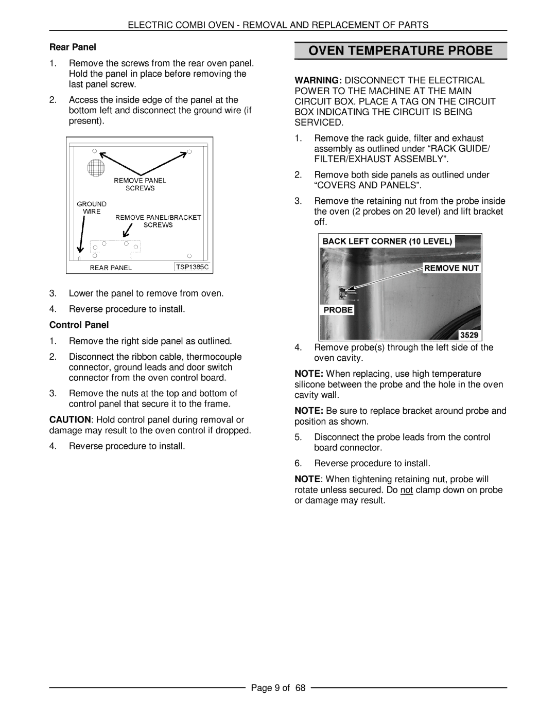 Vulcan-Hart VCE10F 126179, VCE20H 126172, VCE6H 126177 Oven Temperature Probe, Rear Panel, Control Panel, Covers and Panels 