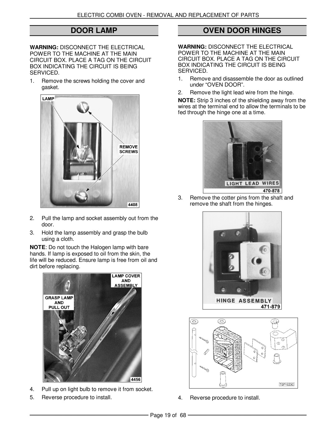 Vulcan-Hart VCE10F 126179, VCE20H 126172, VCE10H 126178, VCE6H 126177, VCE20F 126173 service manual Door Lamp, Oven Door Hinges 