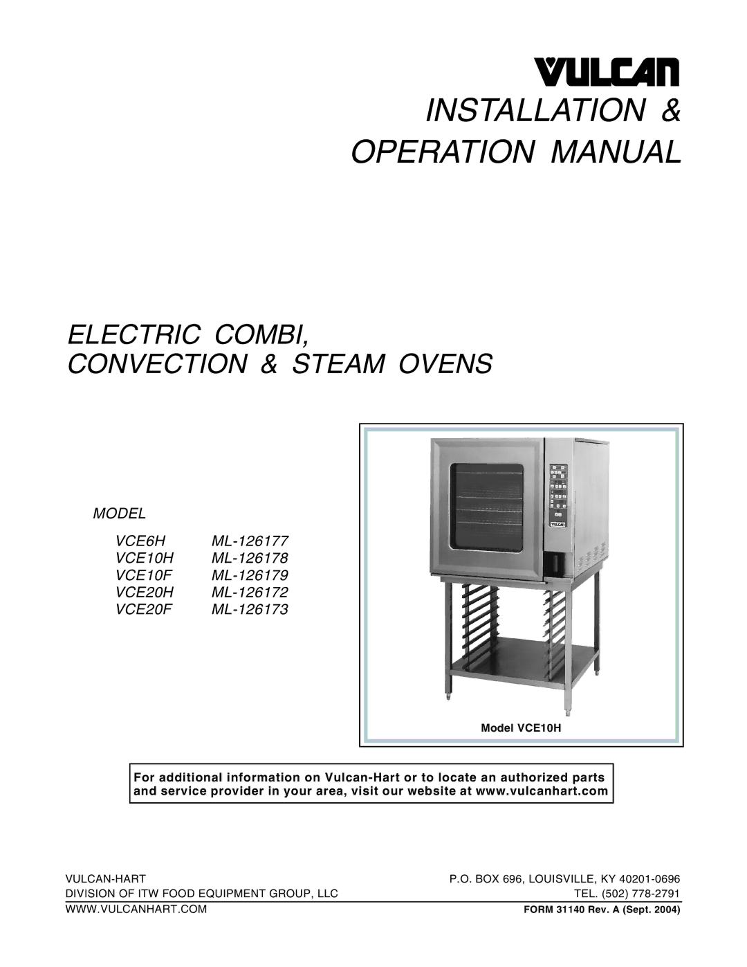 Vulcan-Hart VCE6H ML-126177, VCE10H ML-126178, VCE10F ML-126179, VCE20H ML-126172, VCE20F ML-126173 manual Installation 