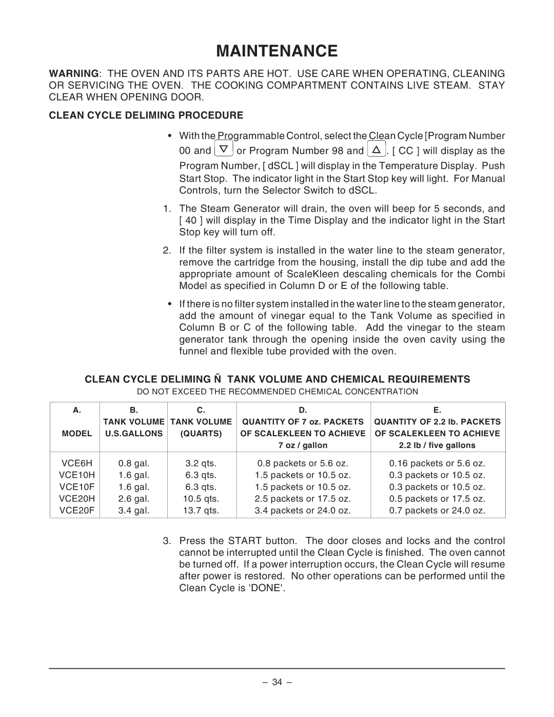 Vulcan-Hart VCE6H ML-126177 Clean Cycle Deliming Procedure, Clean Cycle Deliming Tank Volume and Chemical Requirements 