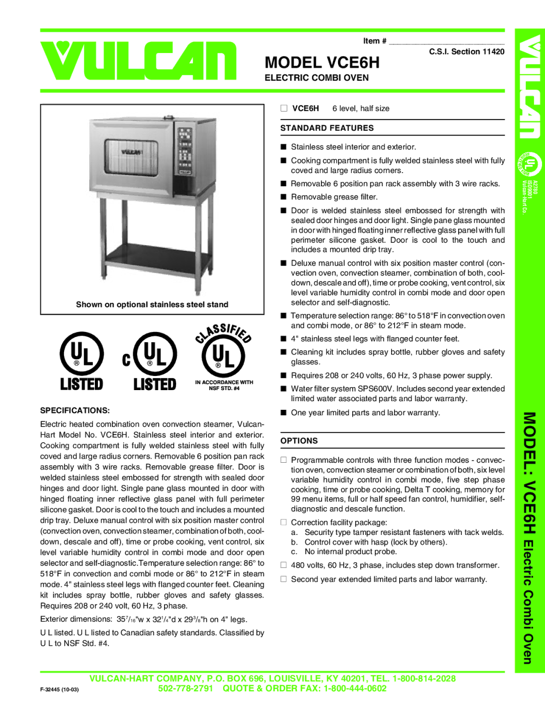 Vulcan-Hart VCE6H specifications Specifications, Standard Features, Options 