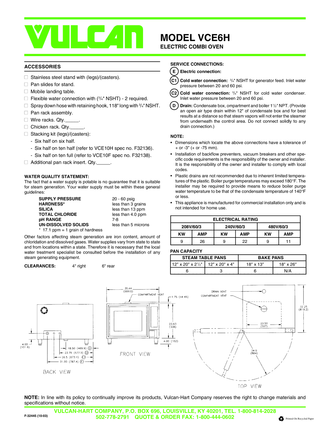 Vulcan-Hart VCE6H specifications Accessories 