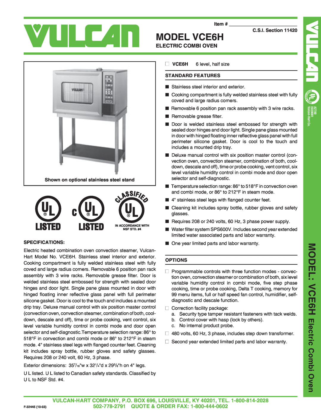 Vulcan-Hart specifications MODEL VCE6H, Electric Combi Oven, Item # C.S.I. Section, Specifications, Standard Features 