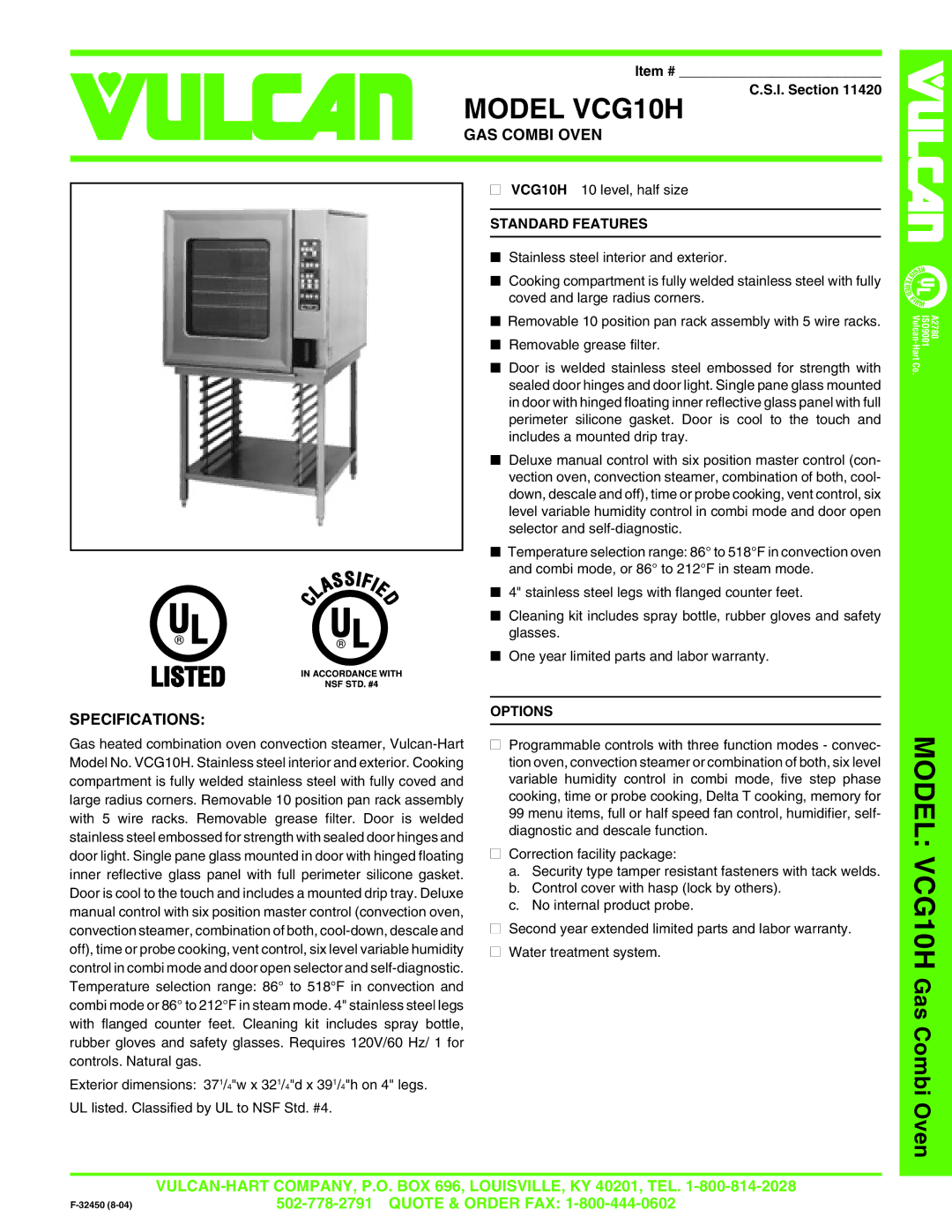 Vulcan-Hart VCG10H specifications GAS Combi Oven, Specifications, Standard Features, Options 