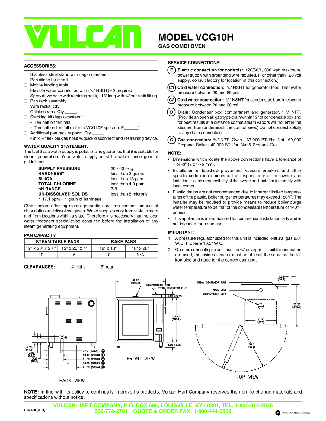 Vulcan-Hart VCG10H Accessories, Water Quality Statement, Supply Pressure, Hardness, Silica, Total Chlorine, Clearances 