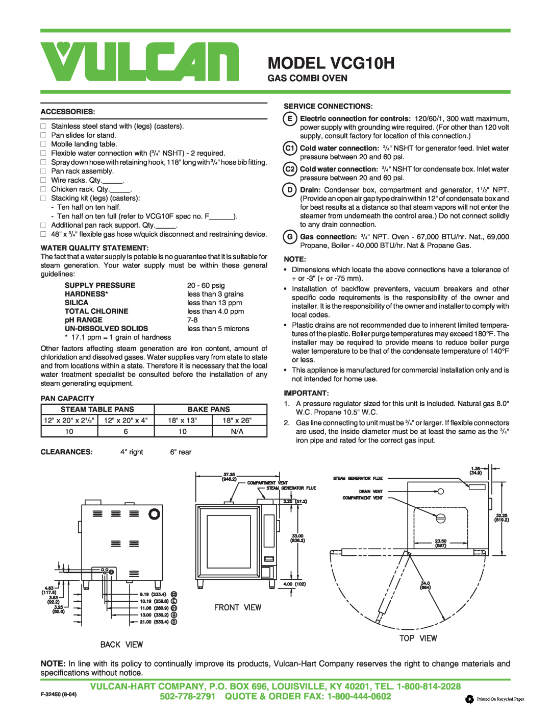 Vulcan-Hart specifications MODEL VCG10H, Gas Combi Oven, Accessories 