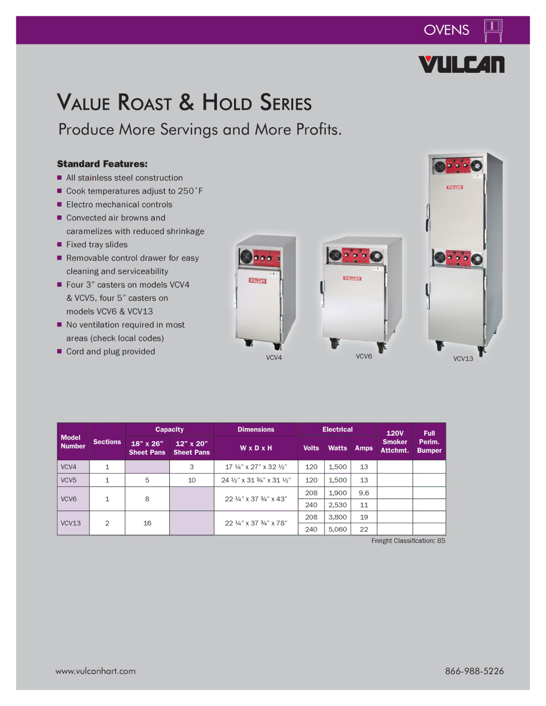 Vulcan-Hart VCH16, VCH5, VCH88 dimensions VCV4 VCV6 VCV13, Number D x H Volts Watts Amps, Sheet Pans Attchmt, VCV5 