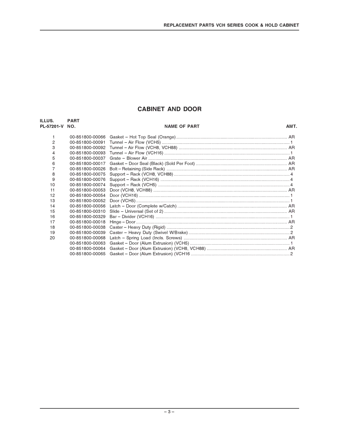 Vulcan-Hart VCH5 ML-126339, VCH88 ML-126342 Replacement Parts VCH Series Cook & Hold Cabinet, Illus Part, Name of Part 