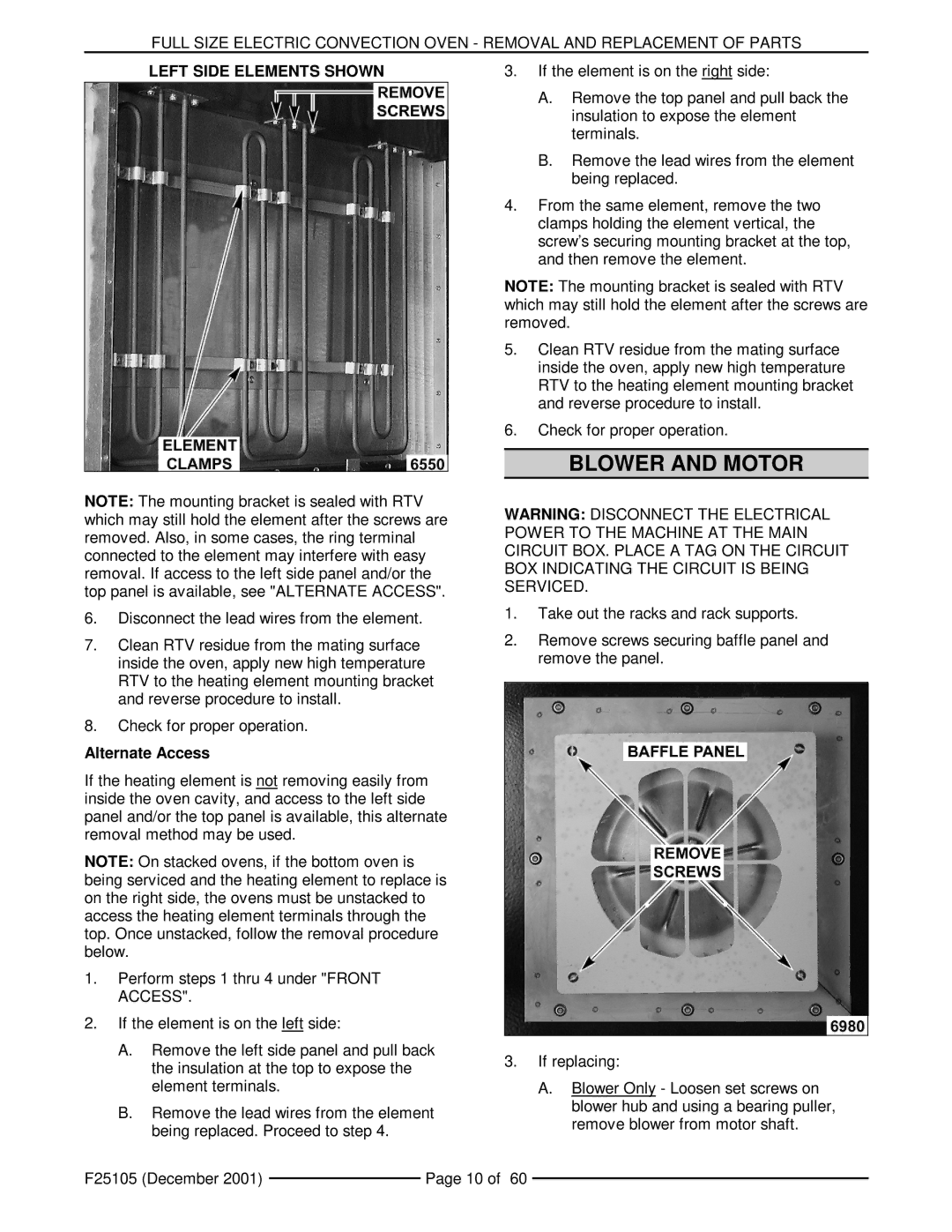 Vulcan-Hart VC4ED, VCIEC, VC6ED, VC6EC, VC4ES, VC6ES service manual Blower and Motor, Left Side Elements Shown, Alternate Access 