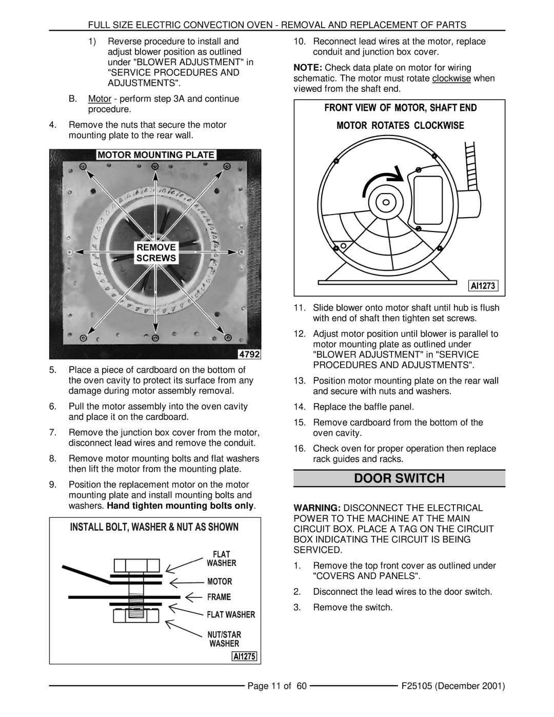 Vulcan-Hart VC6ES, VCIEC, VC6ED, VC6EC, VC4ES, VC4ED service manual Door Switch, Service Procedures and Adjustments 