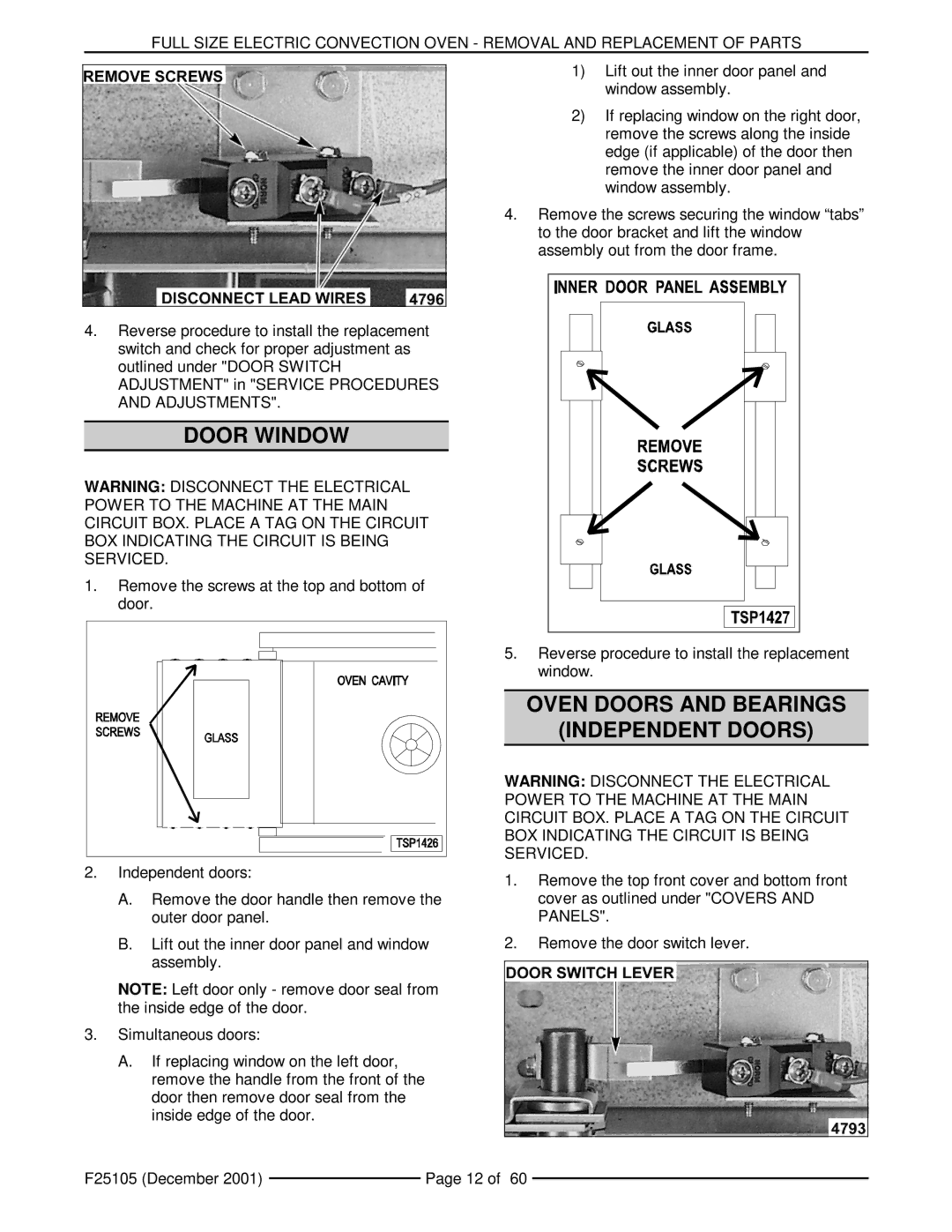 Vulcan-Hart VCIEC, VC6ED, VC6EC, VC4ES, VC4ED, VC6ES service manual Door Window, Oven Doors and Bearings Independent Doors 