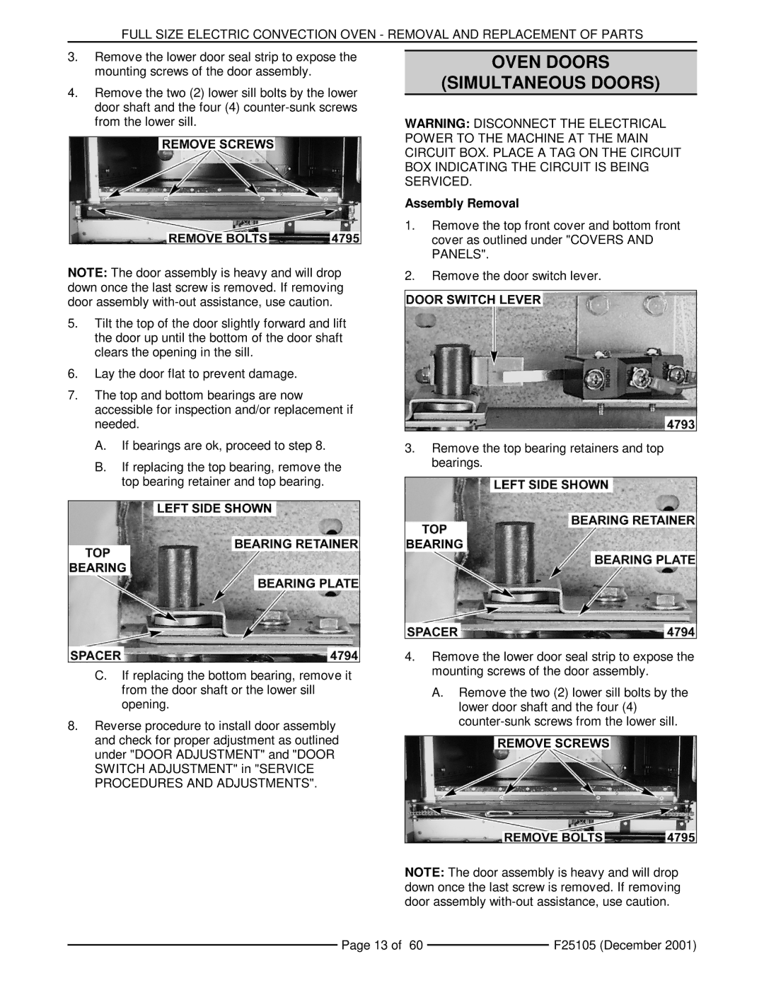 Vulcan-Hart VC6ED, VCIEC, VC6EC, VC4ES, VC4ED, VC6ES service manual Oven Doors Simultaneous Doors, Assembly Removal 