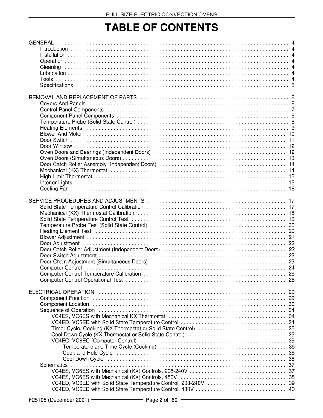 Vulcan-Hart VC6EC, VCIEC, VC6ED, VC4ES, VC4ED, VC6ES service manual Table of Contents 