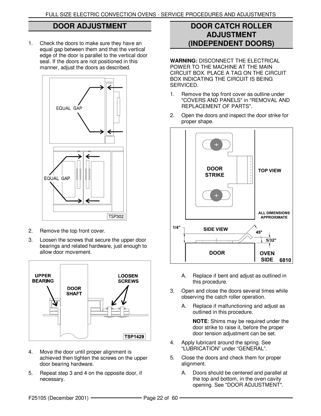 Vulcan-Hart VC4ED, VCIEC, VC6ED, VC6EC, VC4ES, VC6ES Door Adjustment, Door Catch Roller Adjustment Independent Doors 