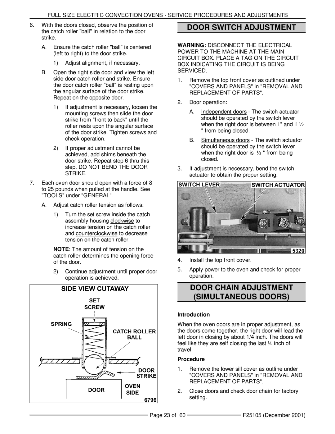 Vulcan-Hart VC6ES, VCIEC, VC6ED, VC6EC, VC4ES, VC4ED service manual Door Switch Adjustment, Introduction, Procedure 