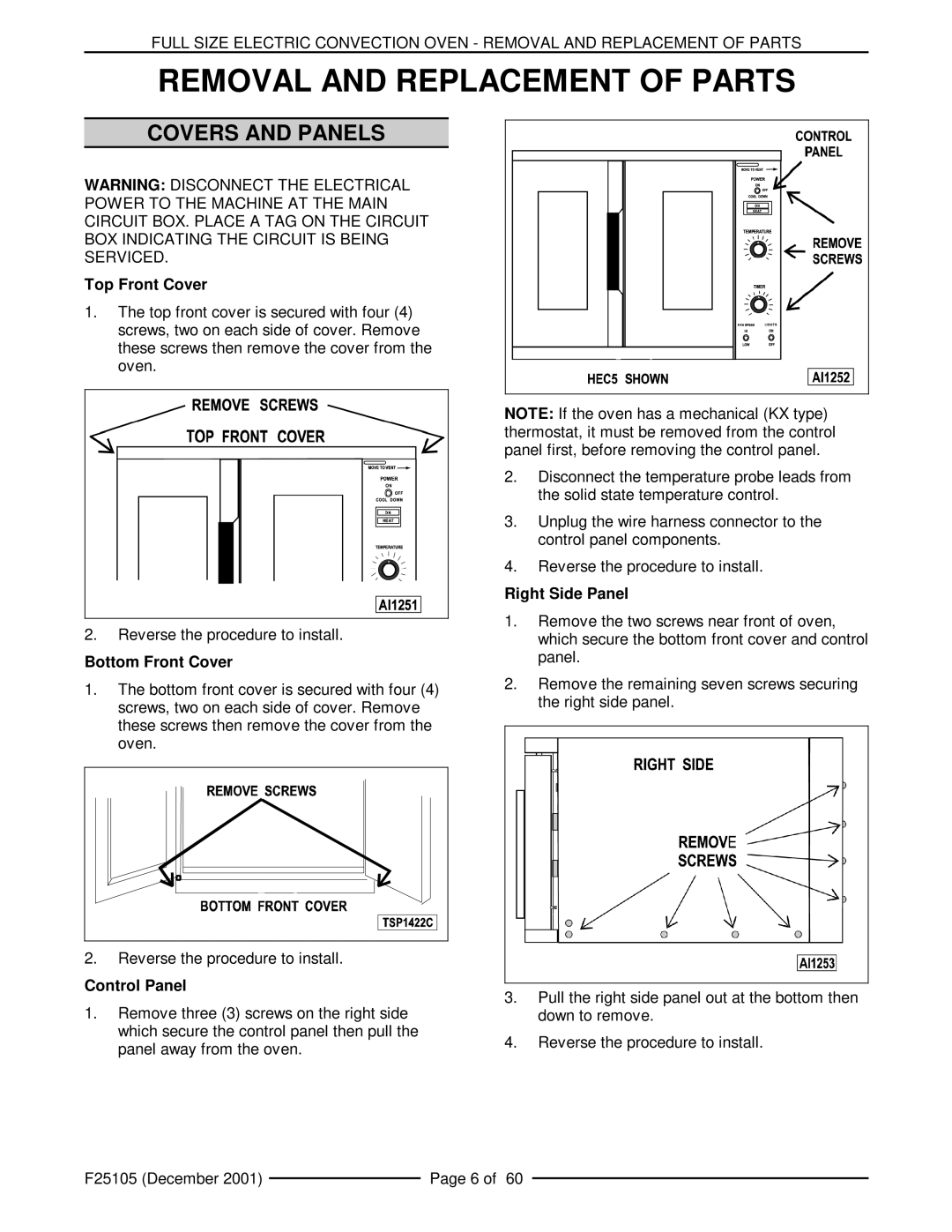 Vulcan-Hart VCIEC, VC6ED, VC6EC, VC4ES, VC4ED, VC6ES service manual Removal and Replacement of Parts, Covers and Panels 