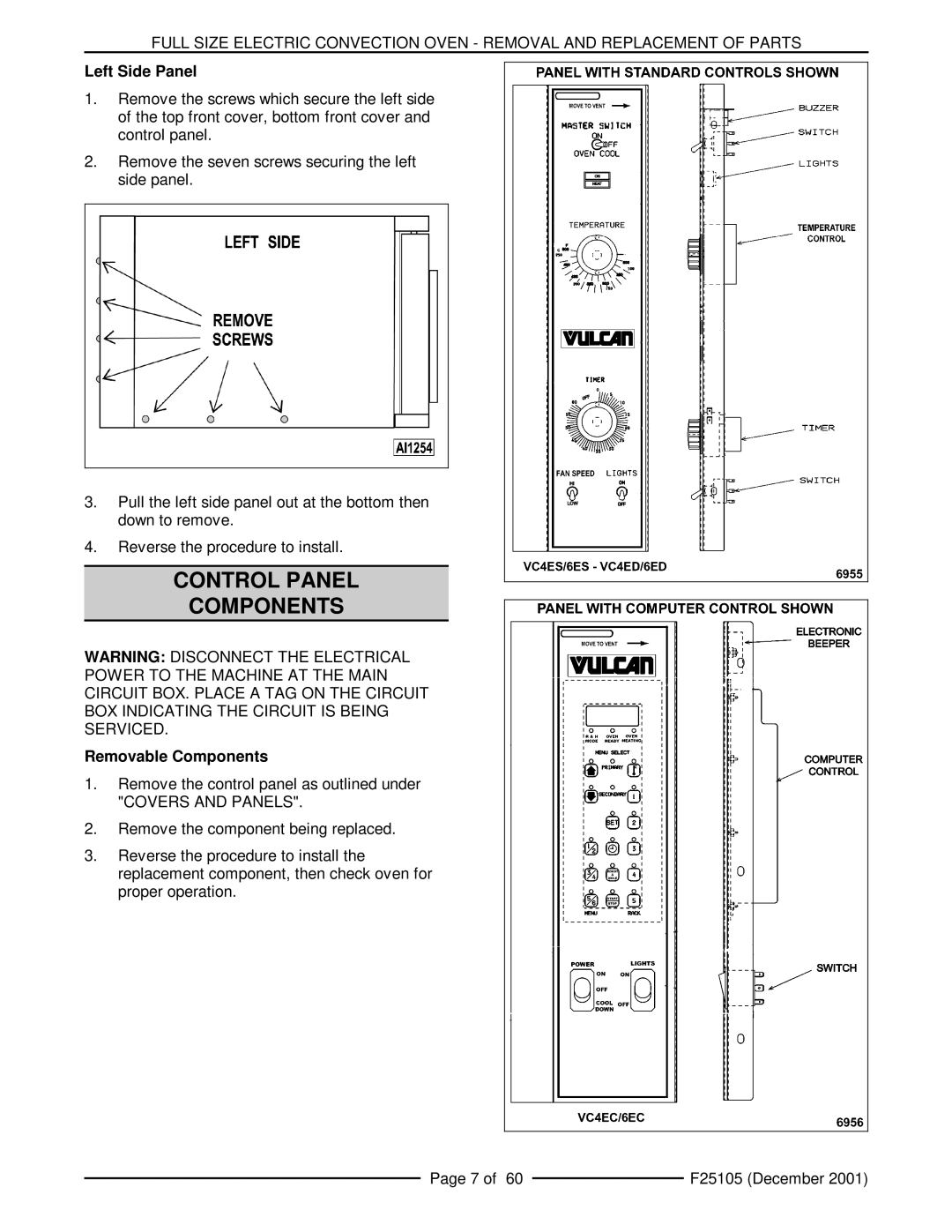 Vulcan-Hart VC6ED, VCIEC, VC6EC, VC4ES Control Panel Components, Left Side Panel, Removable Components, Covers and Panels 