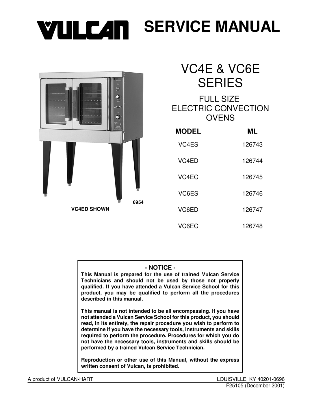 Vulcan-Hart VC6ED service manual Model, Notice, Service Manual, VC4E & VC6E SERIES, Full Size Electric Convection Ovens 