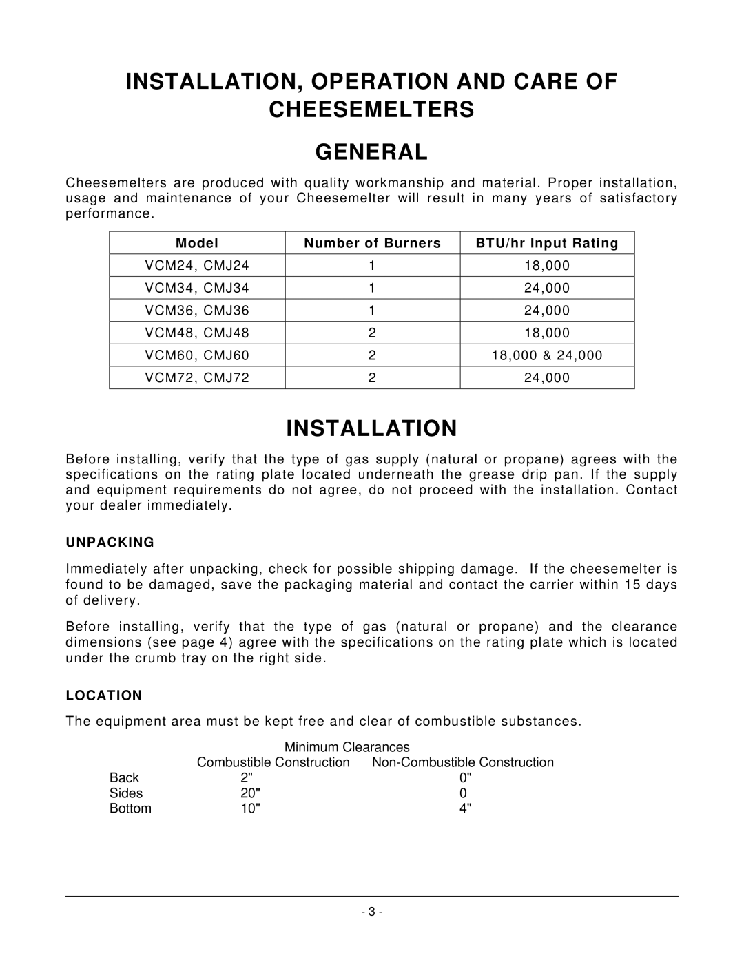 Vulcan-Hart VCM36 ML-135126 INSTALLATION, Operation and Care Cheesemelters General, Installation, Unpacking, Location 