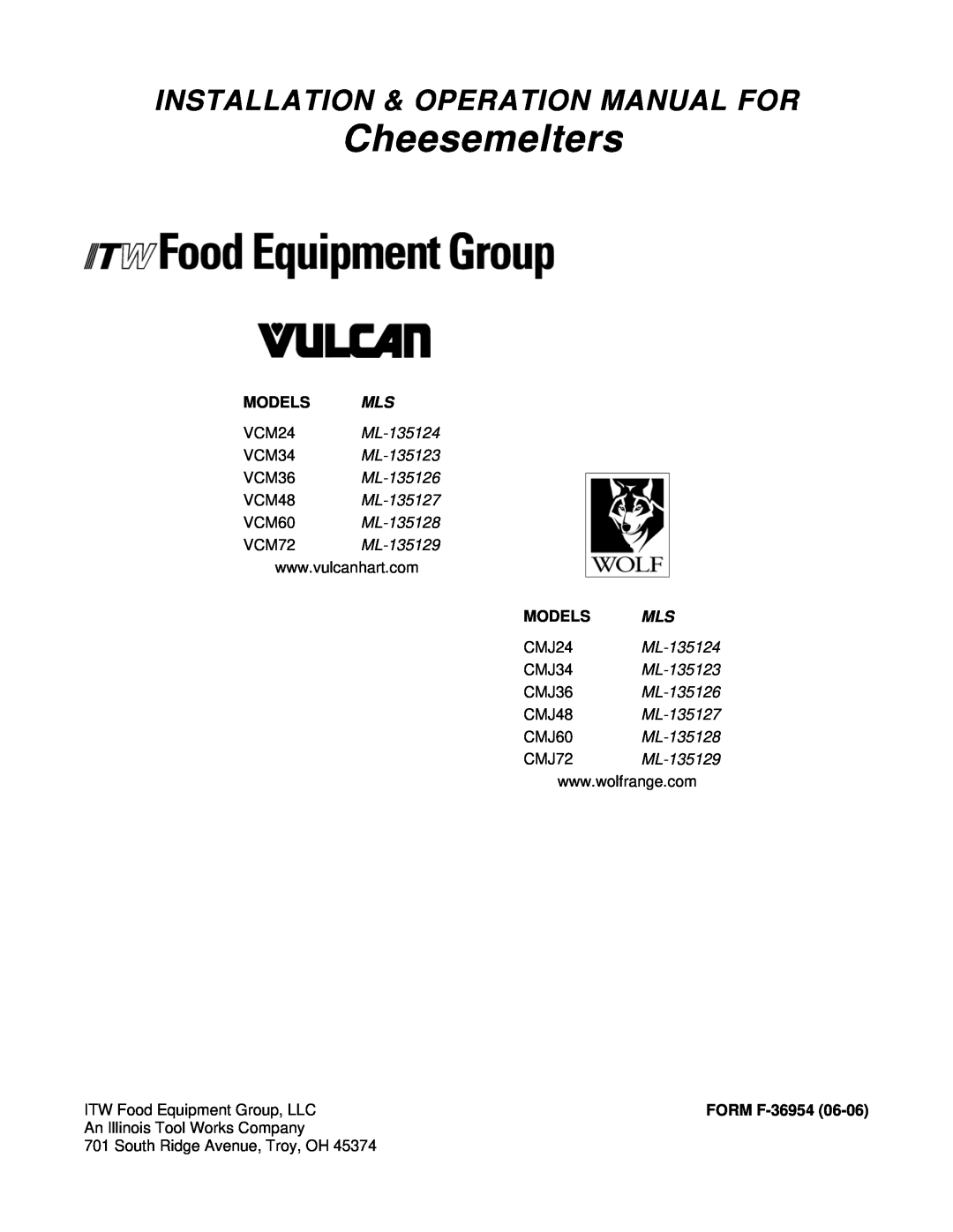 Vulcan-Hart VCM72 ML-135129 operation manual Cheesemelters, Models Mls, VCM24 ML-135124 VCM34 ML-135123 VCM36 ML-135126 