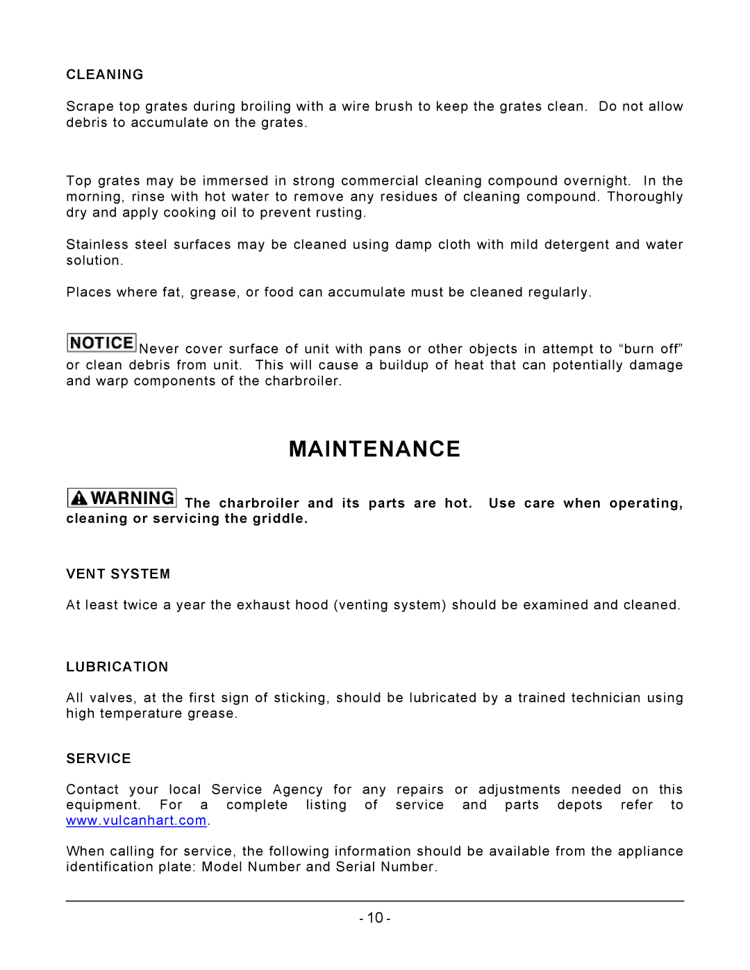 Vulcan-Hart VCRB25, VCRB47, VCRB36 operation manual Maintenance, Cleaning, Vent System, Lubrication, Service 