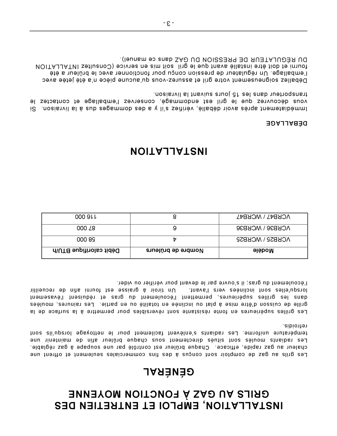 Vulcan-Hart VCRB47, VCRB25, VCRB36 operation manual Déballage, BTU/h calorifique Débit Brûleurs de Nombre Modèle 