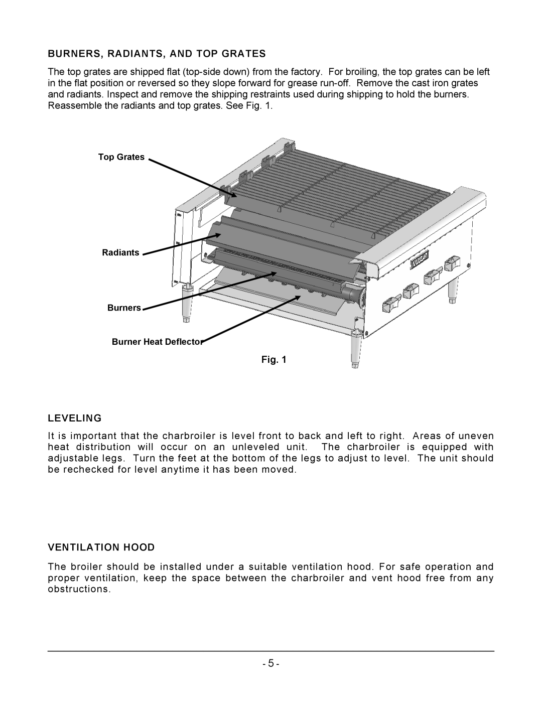 Vulcan-Hart VCRB36, VCRB47, VCRB25 operation manual BURNERS, RADIANTS, and TOP Grates, Leveling, Ventilation Hood 