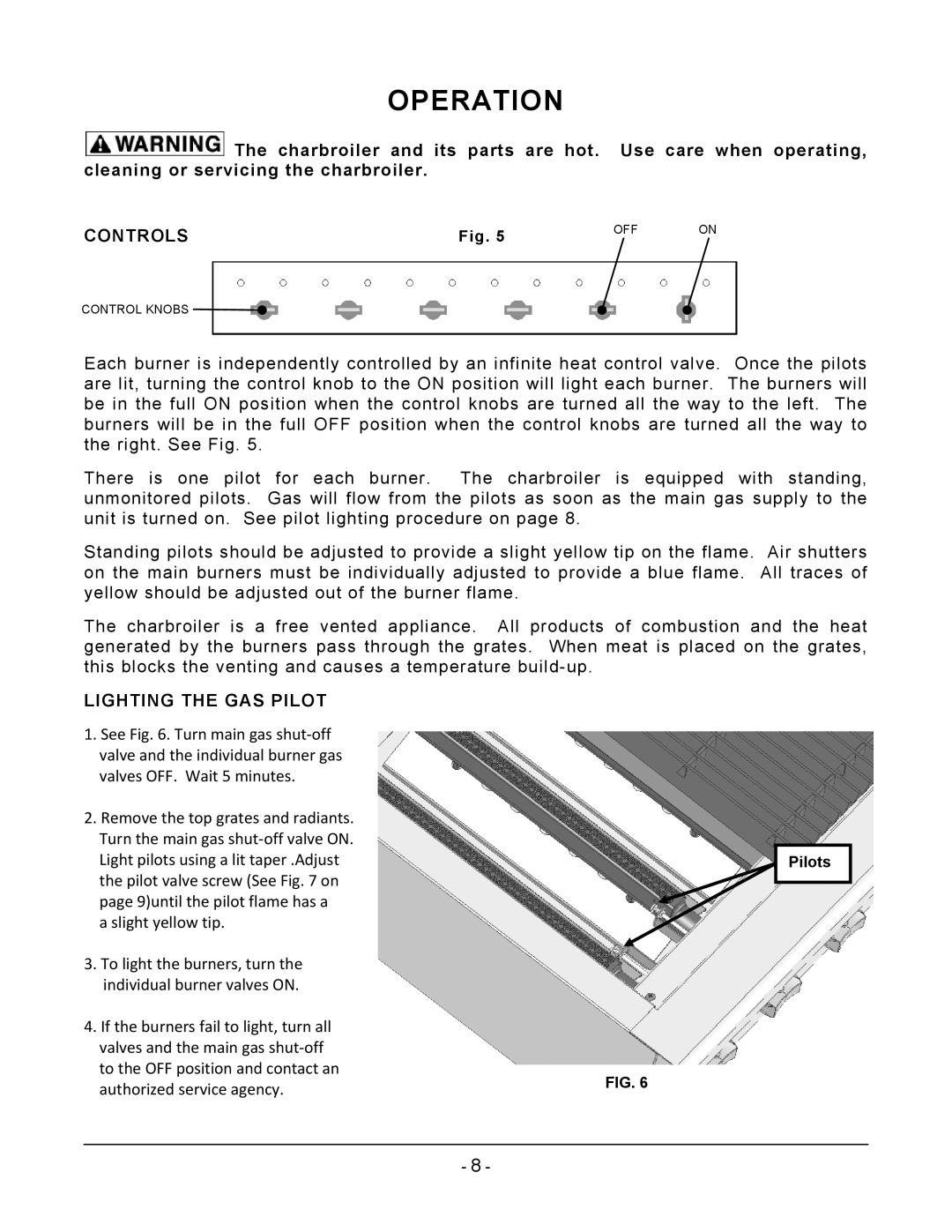 Vulcan-Hart VCRB36, VCRB47, VCRB25 operation manual Operation, Controls, Lighting the GAS Pilot 