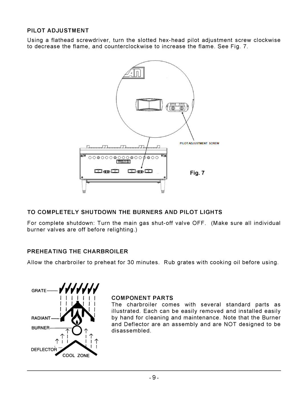 Vulcan-Hart VCRB47 Pilot Adjustment, To Completely Shutdown the Burners and Pilot Lights, Preheating the Charbroiler 