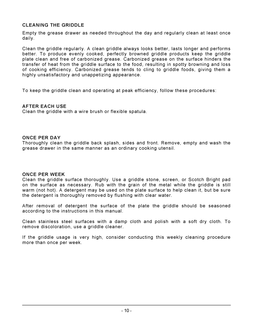 Vulcan-Hart VCRG24-T operation manual Cleaning the Griddle, After Each USE, Once PER DAY, Once PER Week 