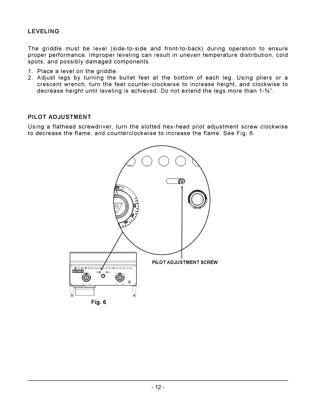 Vulcan-Hart VCRG24-T operation manual Leveling, Pilot Adjustment 