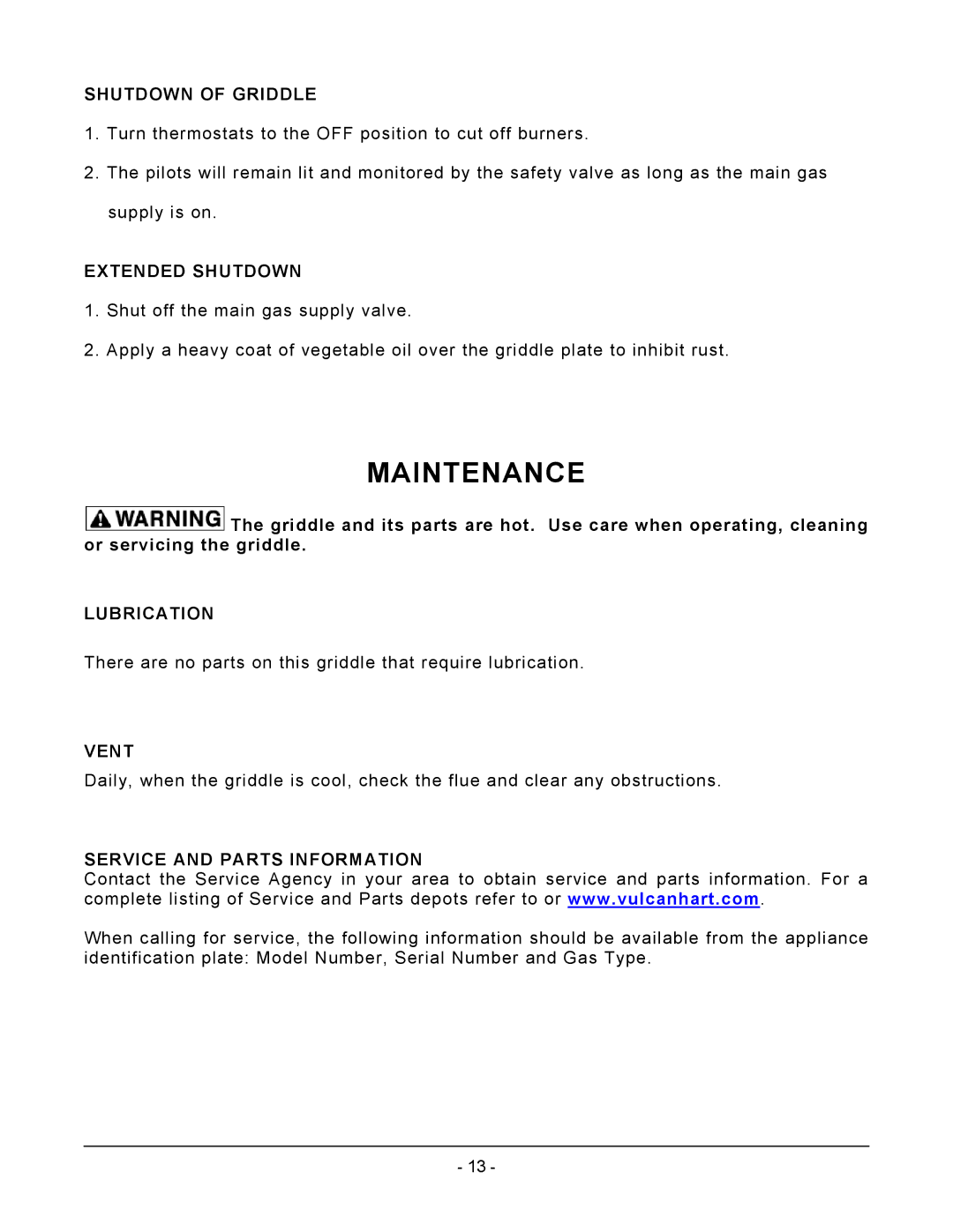 Vulcan-Hart VCRG24-T operation manual Maintenance 