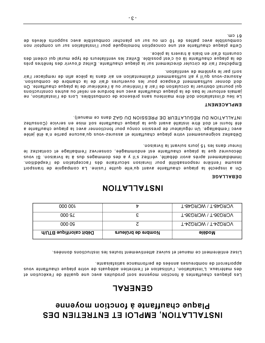 Vulcan-Hart VCRG24-T operation manual DES Entretien ET Emploi Installation, Emplacement, Déballage 