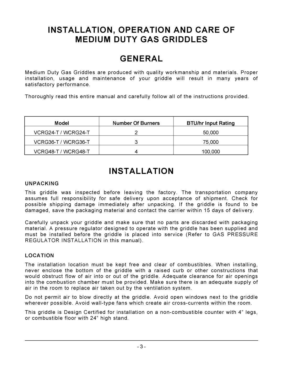 Vulcan-Hart VCRG24-T operation manual Installation, Unpacking, Location 