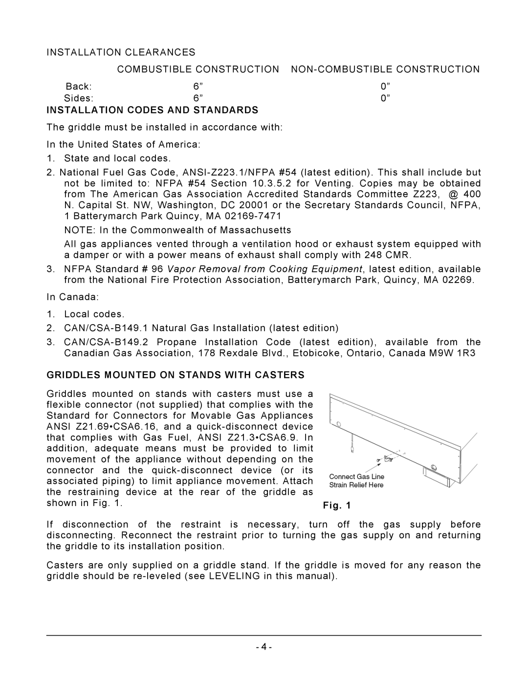 Vulcan-Hart VCRG24-T operation manual Installation Codes and Standards, Griddles Mounted on Stands with Casters 