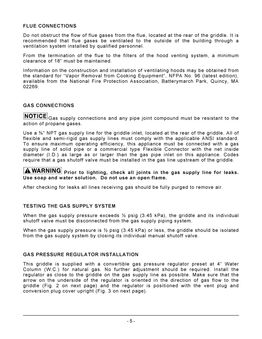 Vulcan-Hart VCRG24-T Flue Connections, GAS Connections, Testing the GAS Supply System, GAS Pressure Regulator Installation 