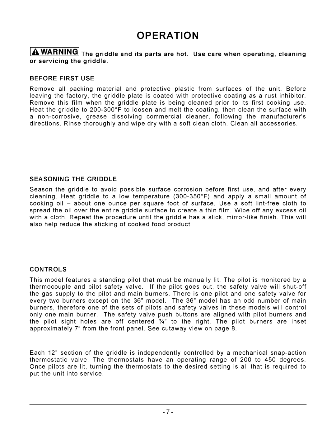 Vulcan-Hart VCRG24-T operation manual Operation, Before First USE, Seasoning the Griddle, Controls 