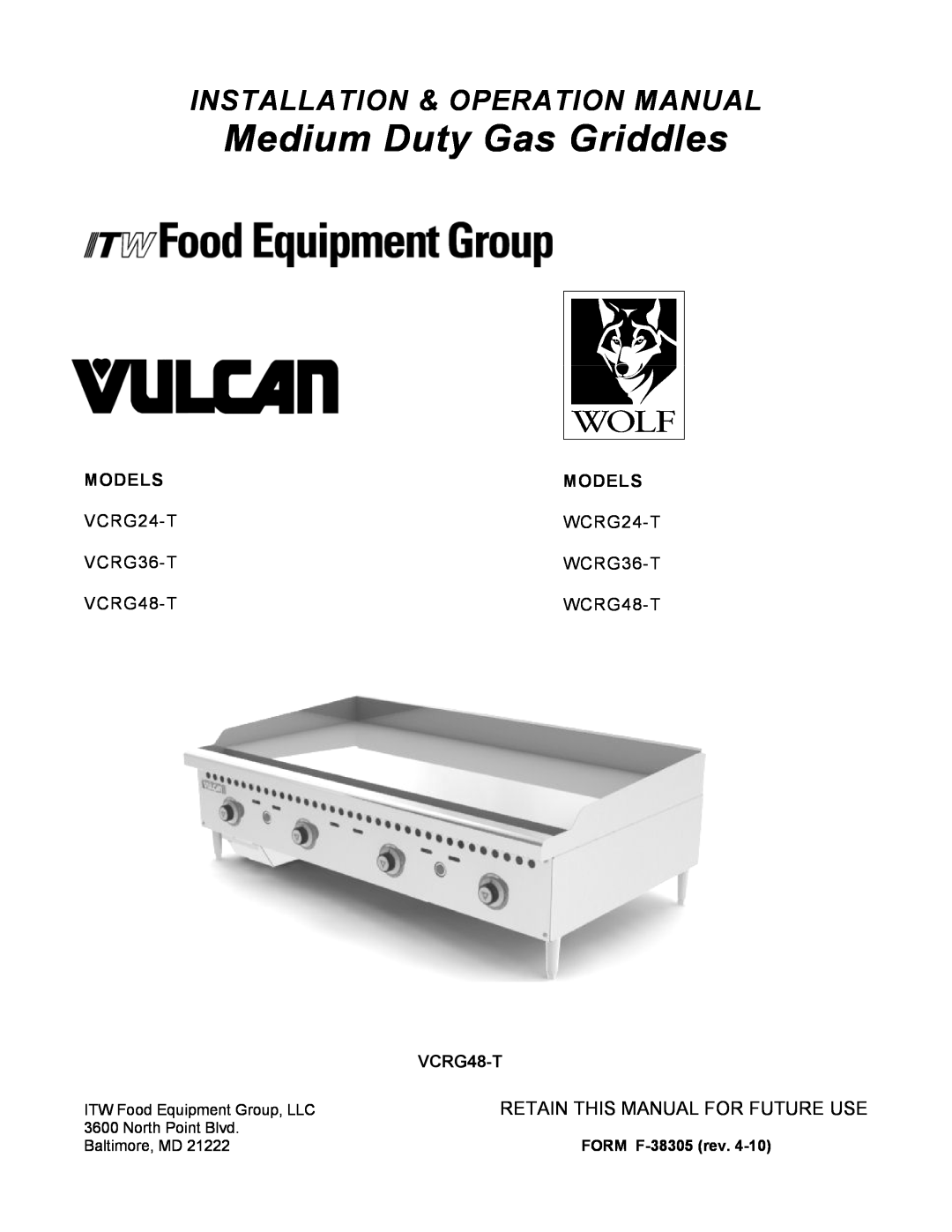 Vulcan-Hart VCRG24-T operation manual Installation & Operation Manual, Medium Duty Gas Griddles, Models, VCRG48-T 
