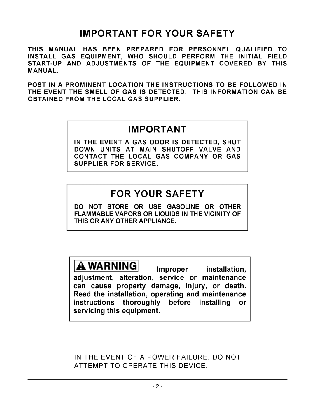 Vulcan-Hart VCRH12 operation manual Important for Your Safety, For Your Safety 