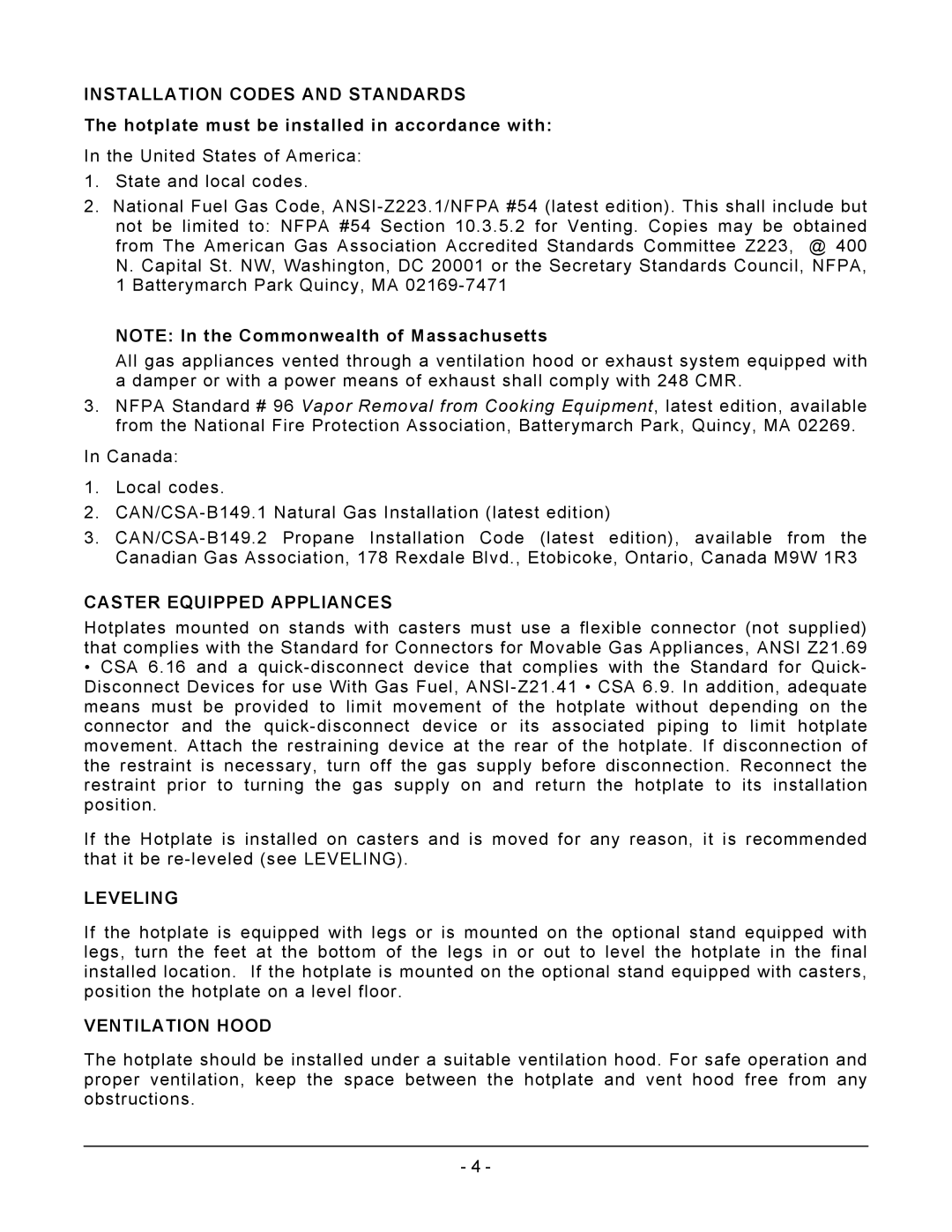 Vulcan-Hart VCRH12 Installation Codes and Standards, Caster Equipped Appliances, Leveling, Ventilation Hood 