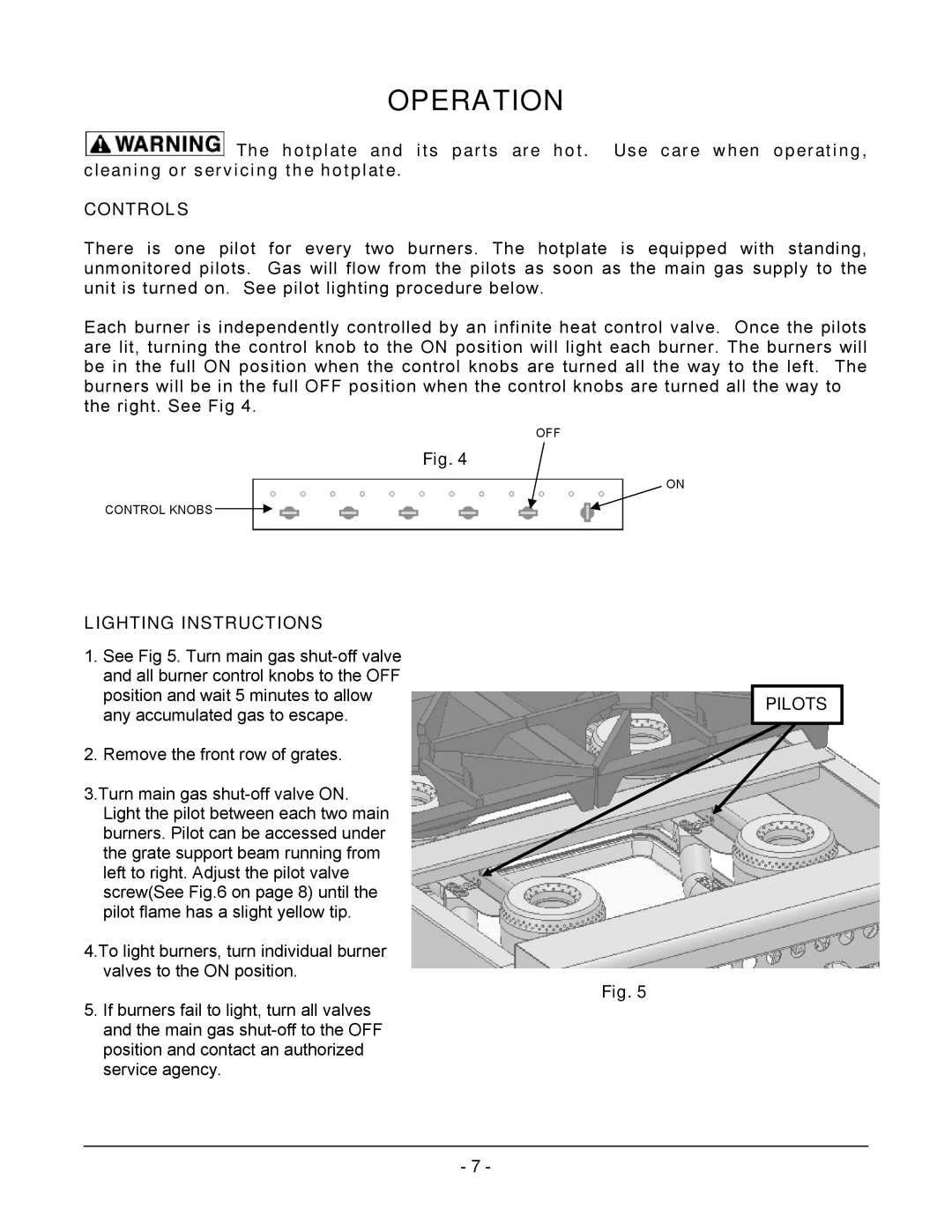 Vulcan-Hart VCRH12 operation manual Operation, Controls, Lighting Instructions, Pilots 