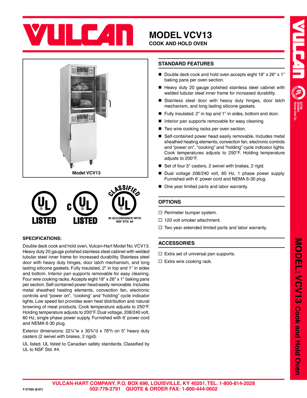 Vulcan-Hart warranty Model VCV13, Cook and Hold Oven, Standard Features, Options, Accessories 