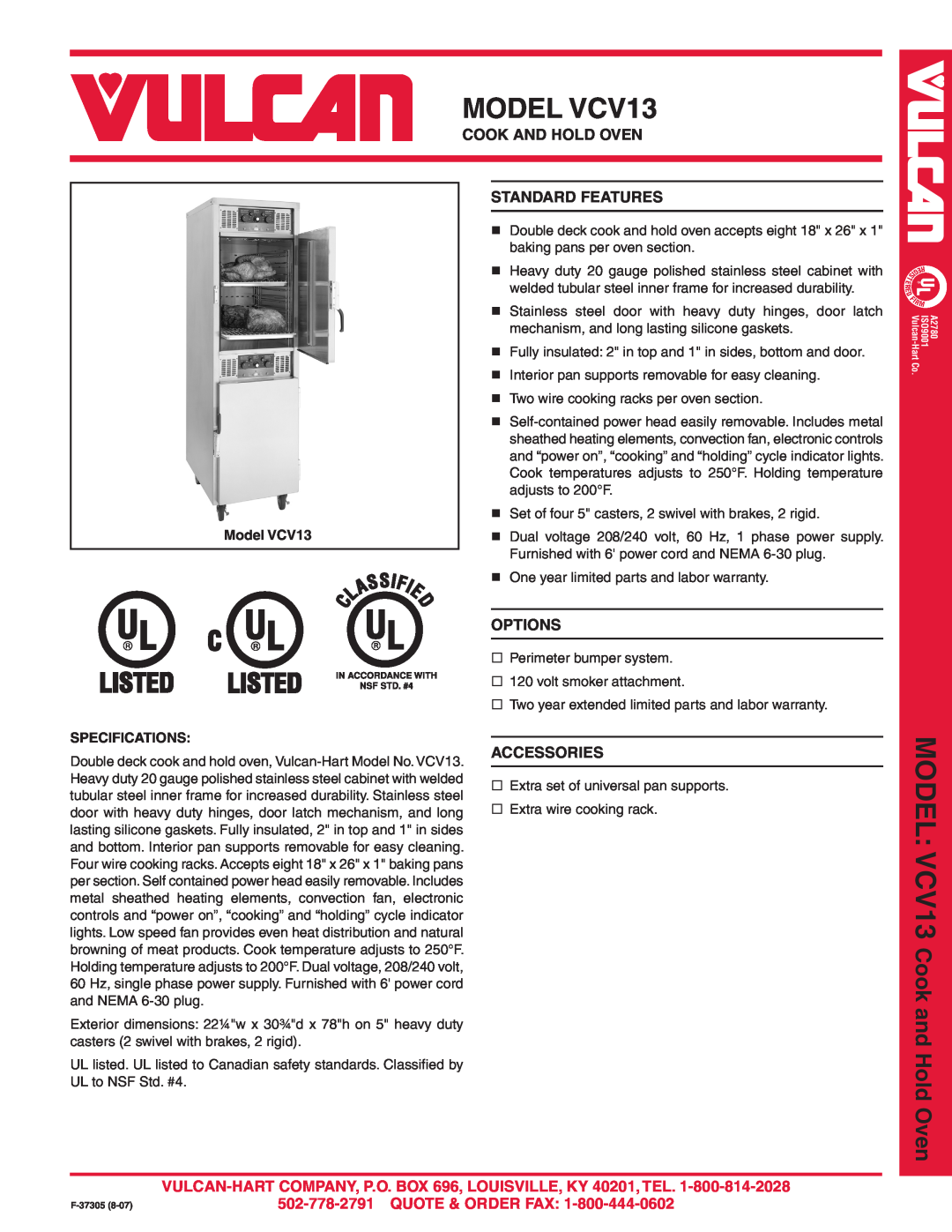 Vulcan-Hart warranty MODEL VCV13, Cook And Hold Oven, Standard Features, Options, Accessories, Model VCV13 