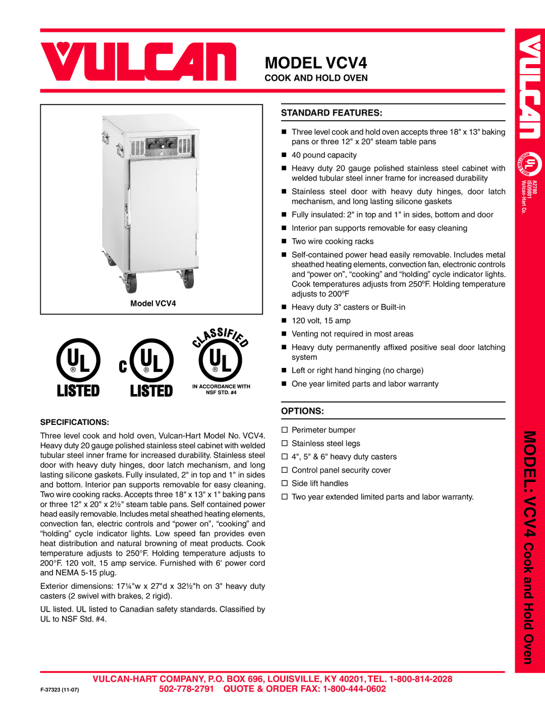 Vulcan-Hart warranty Model VCV4, Cook and Hold Oven, Standard Features, Options, Specifications 