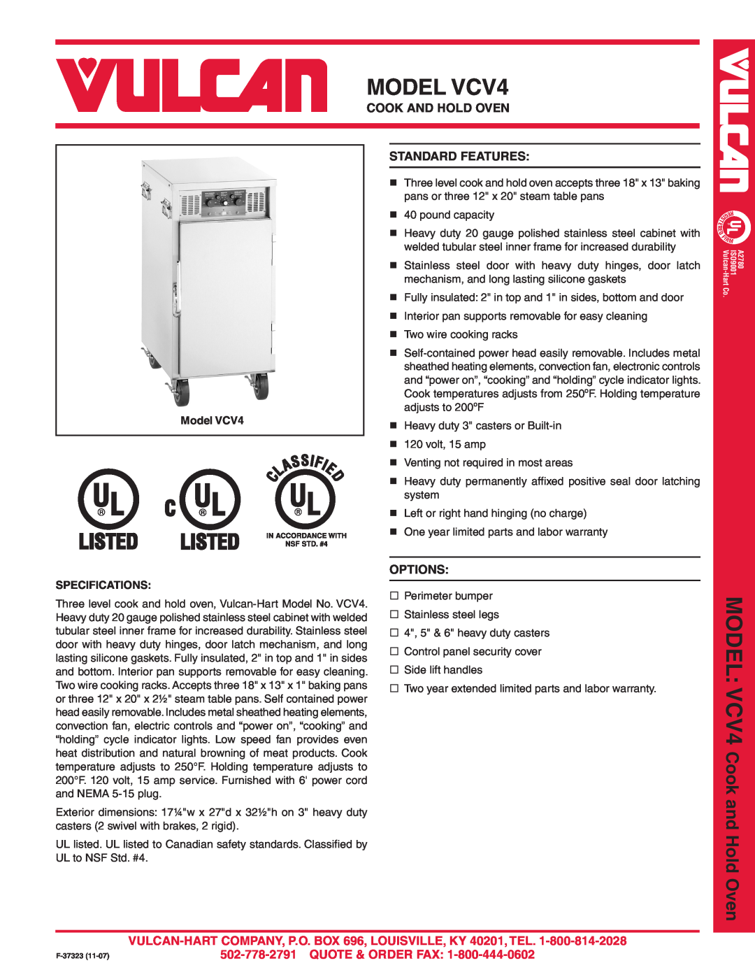 Vulcan-Hart warranty MODEL VCV4, Cook And Hold Oven, Standard Features, Options, Quote & Order Fax 