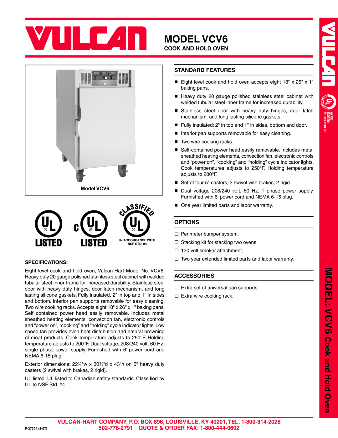 Vulcan-Hart warranty Model VCV6, Cook and Hold Oven, Standard Features, Options, Accessories 