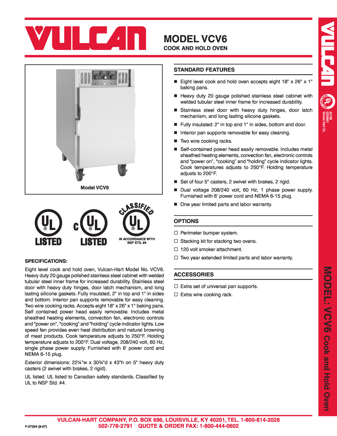 Vulcan-Hart warranty MODEL VCV6, Cook And Hold Oven, Standard Features, Options, Accessories, Quote & Order Fax 